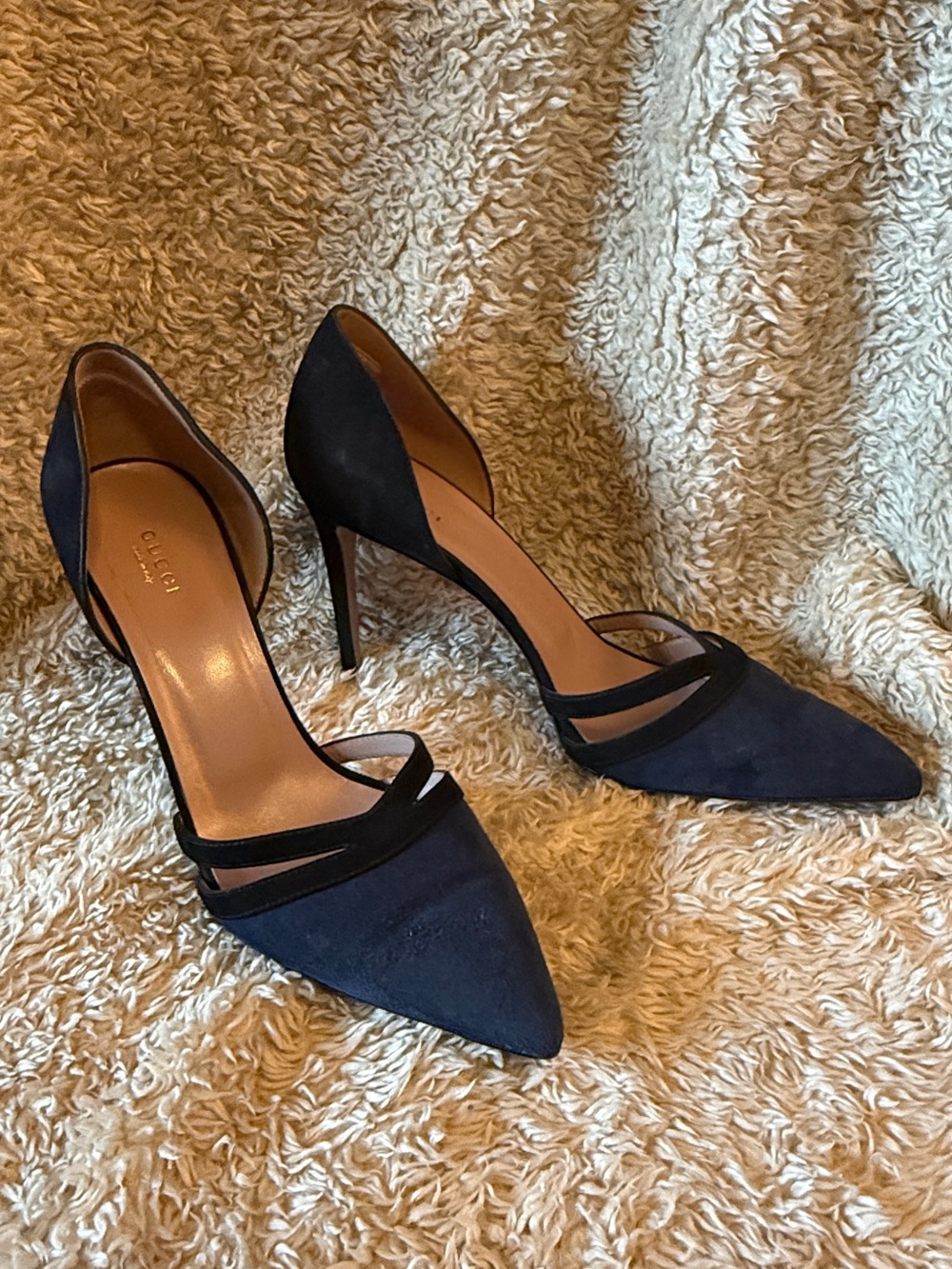 Gucci Navy Suede Pointed D'Orsay Pumps with Black Straps
